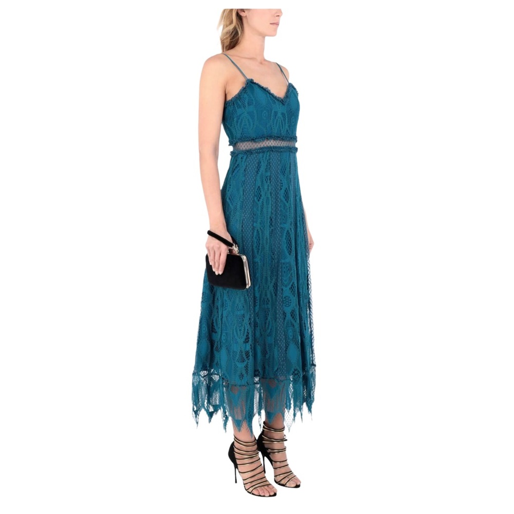 FOXIEDOX Gloria Lace Overlay Scalloped Hem V Neck Sleeveless Teal Midi Dress